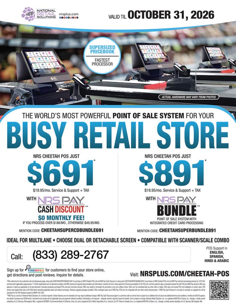 NRS Cheetah POS system ad with prices: $691 (cash discount) and $891 (bundle), valid until October 31, 2026