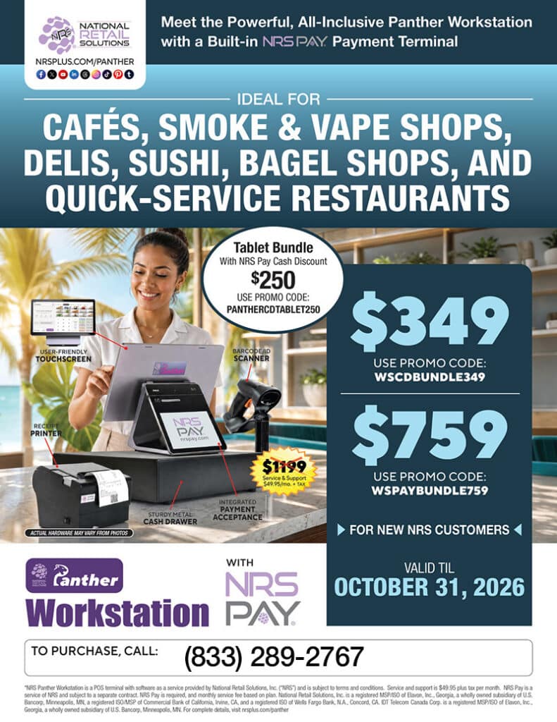 Flyer for NRS Panther Workstation, ideal for cafes, smoke shops, delis, sushi, bagel shops, and quick-service restaurants