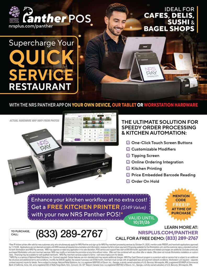 NRS Panther POS ad: smiling man using POS, hardware, and features like One-Click Touch Screen Buttons