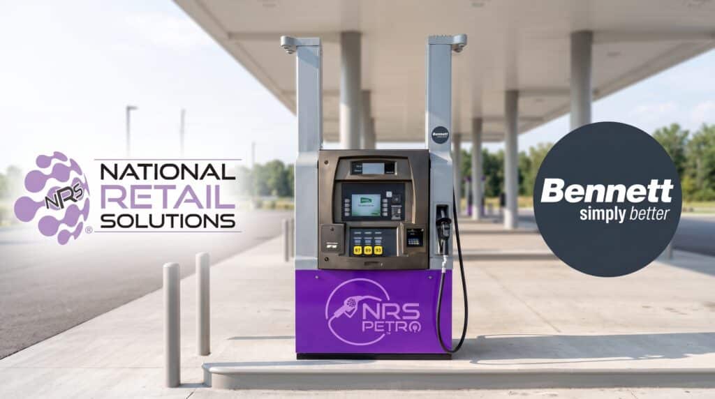 NRS Petro branded Bennett fuel dispenser under a gas station canopy, flanked by the National Retail Solutions and Bennett logos