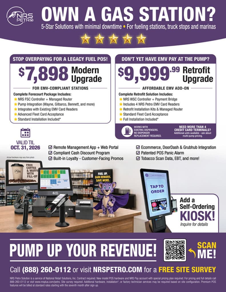 NRS Petro flyer: "OWN A GAS STATION?" offers Modern Upgrade for $7,898 and Retrofit Upgrade for $9,999.99.