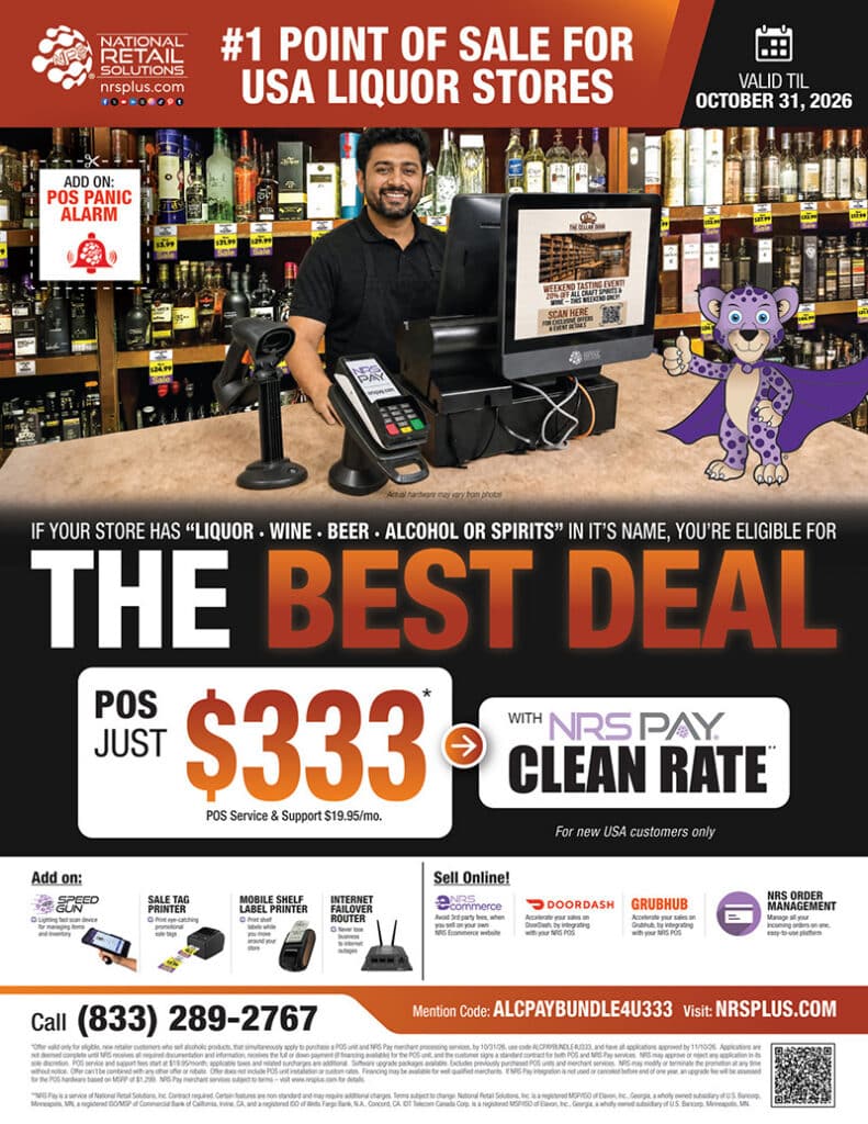 NRS ad for liquor stores, showing a man at a POS system, offering a deal for $333 with NRS Pay Clean Rate