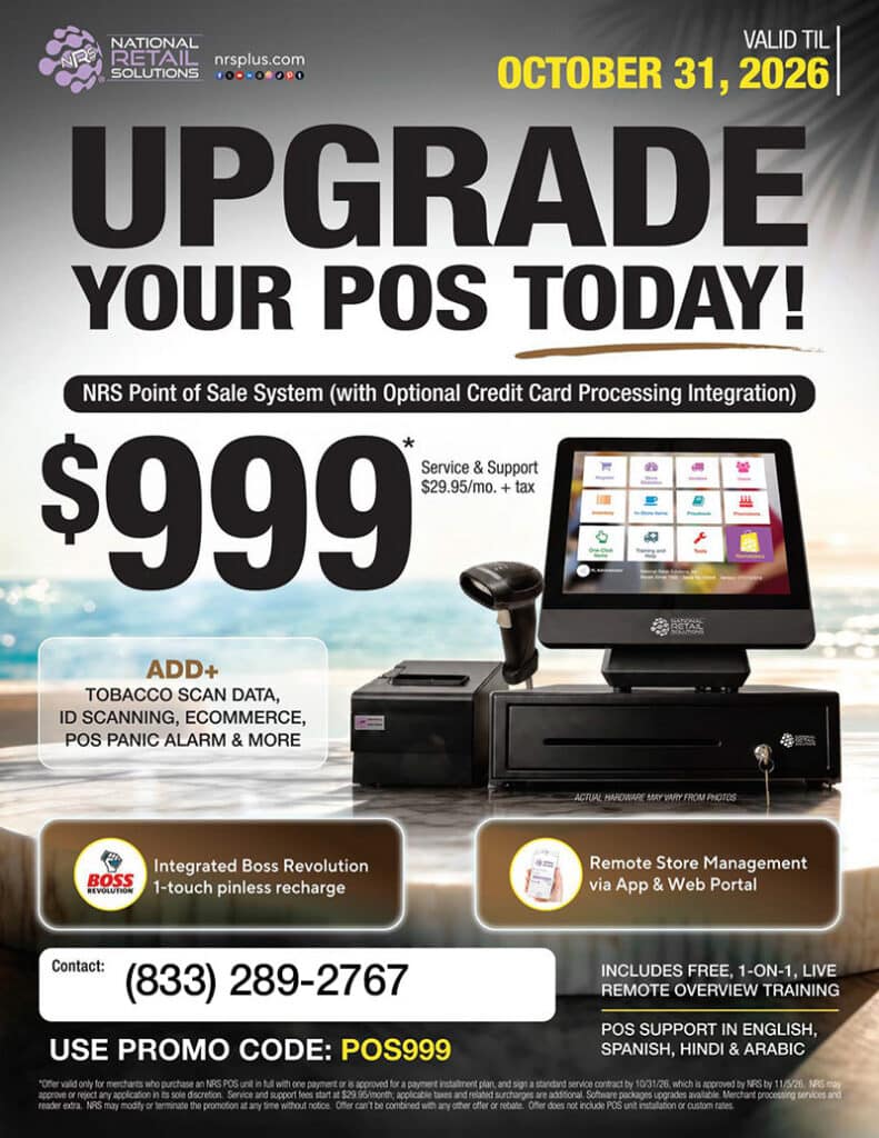 NRS POS system for $999, valid until October 31, 2026. Includes tobacco scan data, ID scanning, and more.
