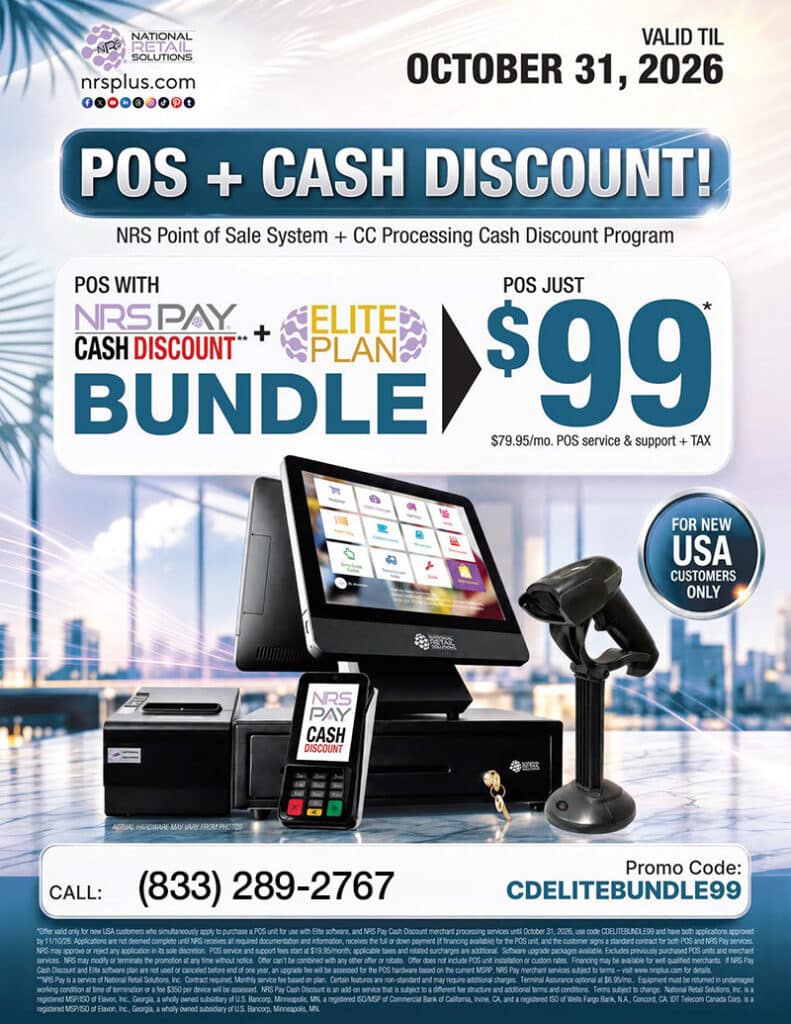 NRS POS + Cash Discount bundle for $99, with Elite Plan, valid until October 31, 2026. Call (833) 289-2767, promo