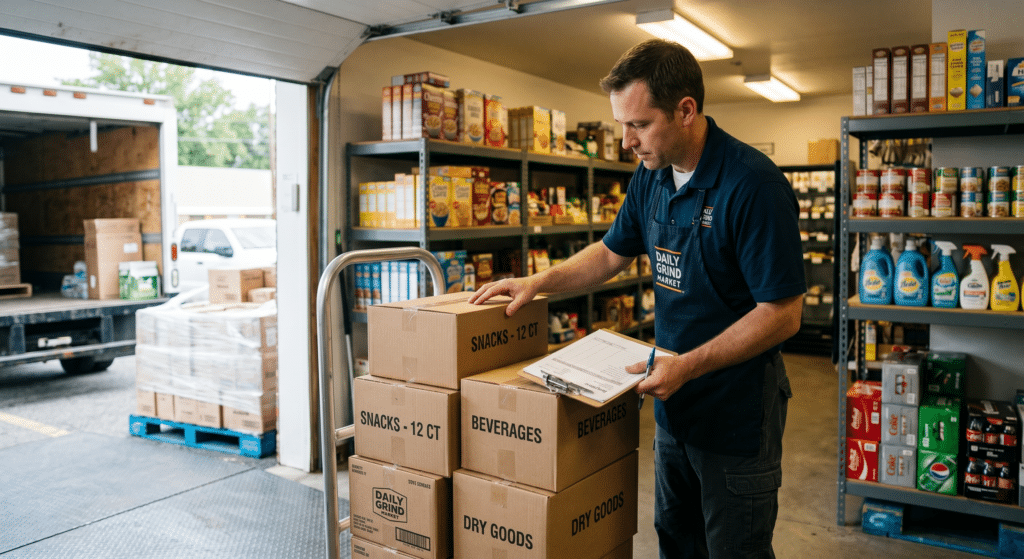 A store owner practices vendor management for convenience stores by checking a delivery against invoice data on an NRS POS.