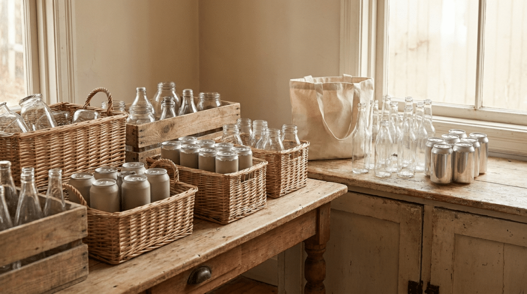 Empty glass bottles and plain metal cans sorted into wicker baskets and wooden crates on a worn table.