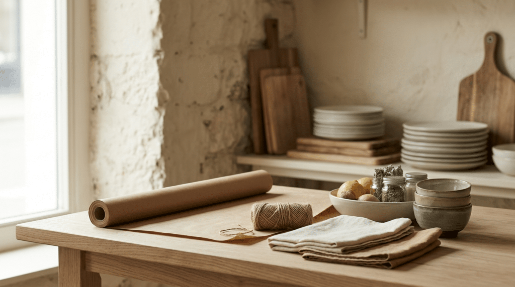 A roll of plain kraft wrapping paper, a ball of twine and folded cloths on a wooden counter.