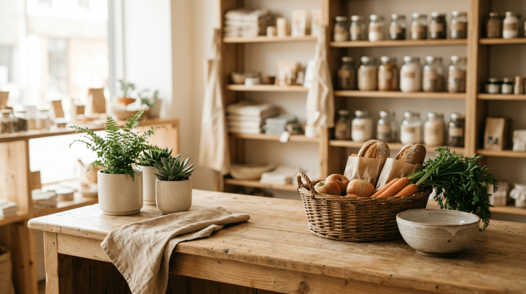 A wooden shop counter in warm daylight, with a basket of bread and produce and shelves of plain jars behind.