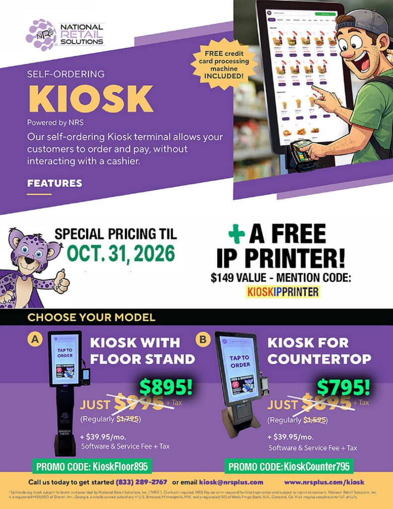 Self-ordering Kiosk with special pricing until Oct. 31, 2026, includes free IP printer and credit card machine