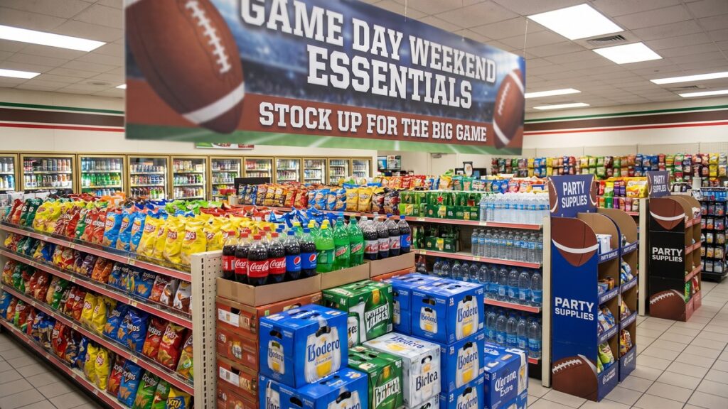 A convenience store aisle set up for game weekend, with a large overhead banner reading Game Day Weekend Essentials and Stock Up for the Big Game beside footballs, above stocked shelves of chips and snacks, two-litre soda bottles, cases of beer, bottled water, and freestanding endcap units labelled Party Supplies.