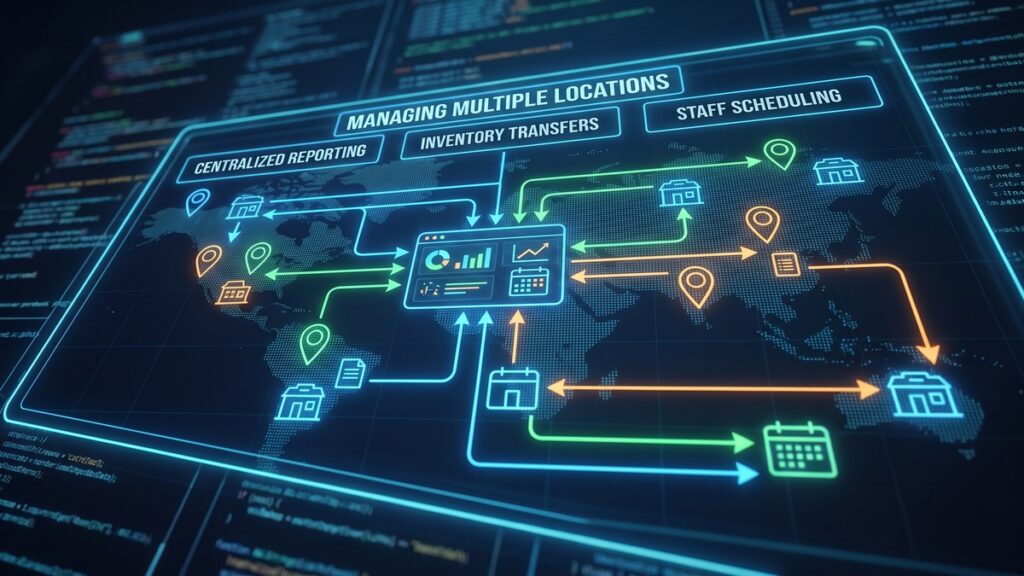 A dark dashboard-style diagram of a multi-site store network, with a central analytics panel of charts and a calendar connected by blue, green and orange arrows to storefront icons and location pins spread across a dotted world map, under headings reading Managing Multiple Locations, Centralized Reporting, Inventory Transfers and Staff Scheduling.