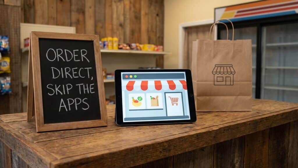 A wooden store counter holding a tablet that displays a single list of incoming orders with small colored tags beside each line, a framed chalkboard sign reading Order Online for Pickup or Delivery, and two brown paper takeaway bags printed with a shop awning icon, with snack shelving and a glass cooler behind.