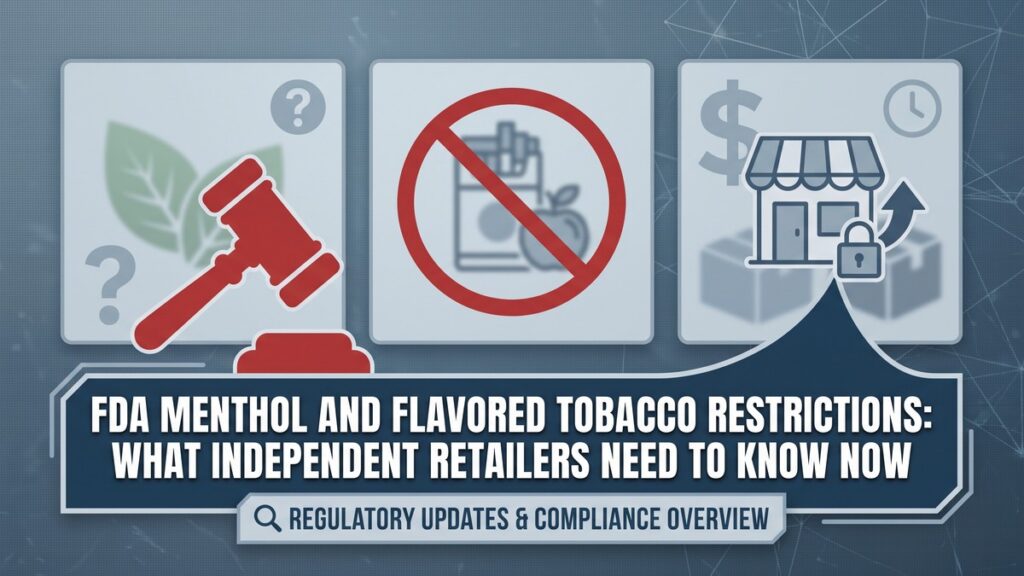 A navy blue title card with three icon panels above it: a red gavel over tobacco leaves and question marks, a crossed-out pack of flavoured cigarettes inside a red prohibition circle, and a storefront with a padlock, a dollar sign and a clock, above a banner headline and a smaller line reading Regulatory Updates and Compliance Overview.
