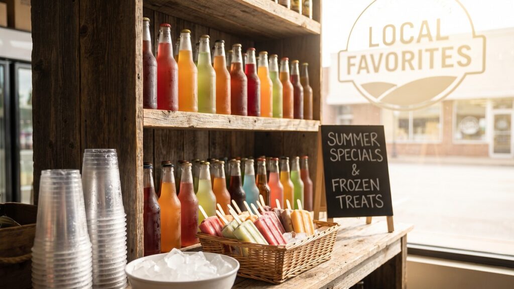 Wooden shelves lined with colorful glass soda bottles sit above a basket of frozen popsicles, a bowl of ice, and stacked plastic cups, with a "Summer Specials & Frozen Treats" chalkboard sign nearby and a "Local Favorites" decal visible on the window in the background.