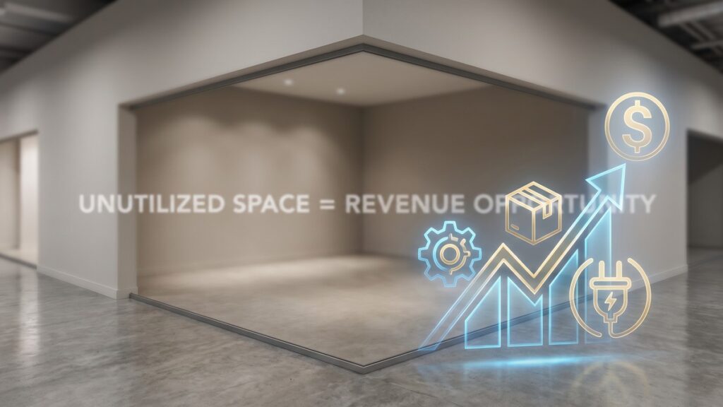 An empty commercial room with concrete floors and white walls, overlaid with the text "UNUTILIZED SPACE = REVENUE OPPORTUNITY" and glowing icons of a dollar sign, gear, package box, bar graph with an upward arrow, and an electrical plug.