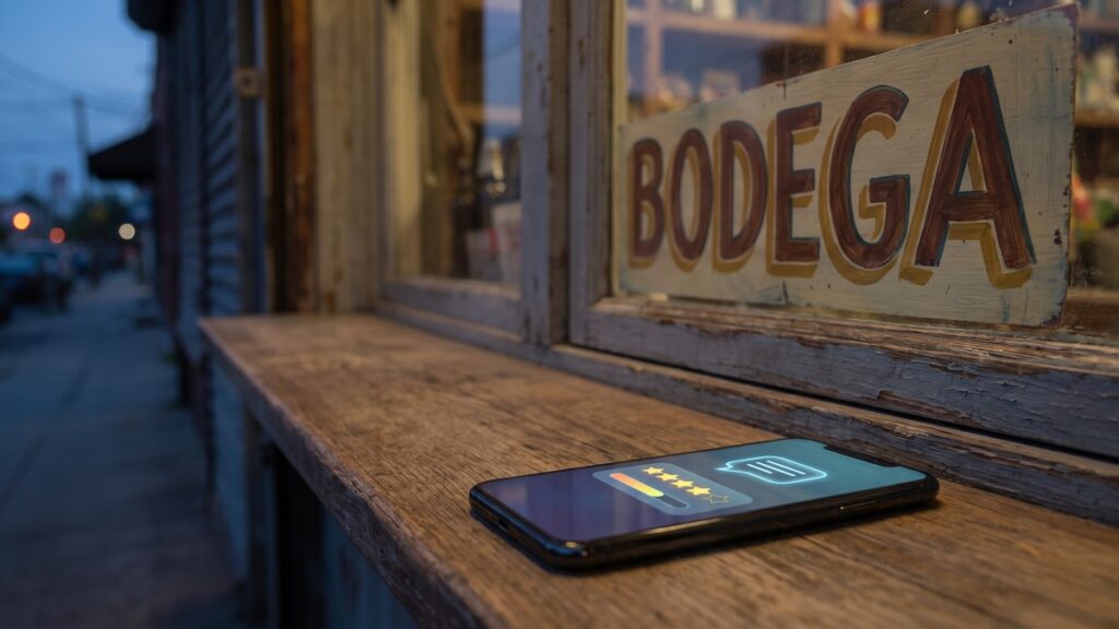 A smartphone displaying a star rating and chat icon rests on a wooden window ledge beneath a hand-painted "BODEGA" sign, with a dimly lit street visible in the background.