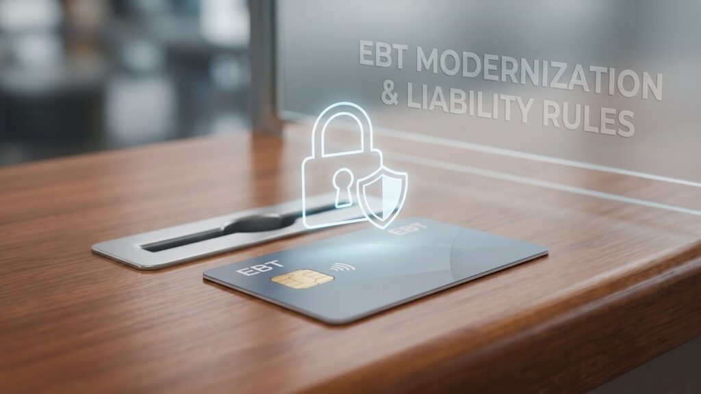 A dark EBT chip-and-tap card rests on a wooden desk beside a glowing padlock-and-shield icon, with a metal card reader in the background and "EBT MODERNIZATION & LIABILITY RULES" text in the upper right.