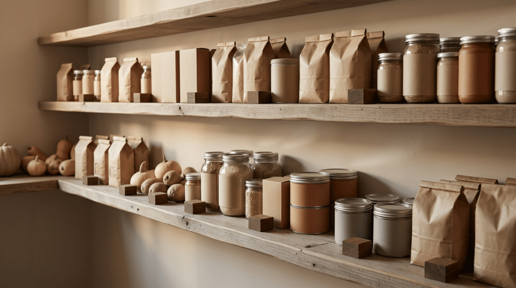 Two wooden shelves holding plain jars, tins, paper sacks and loose vegetables in warm natural light.